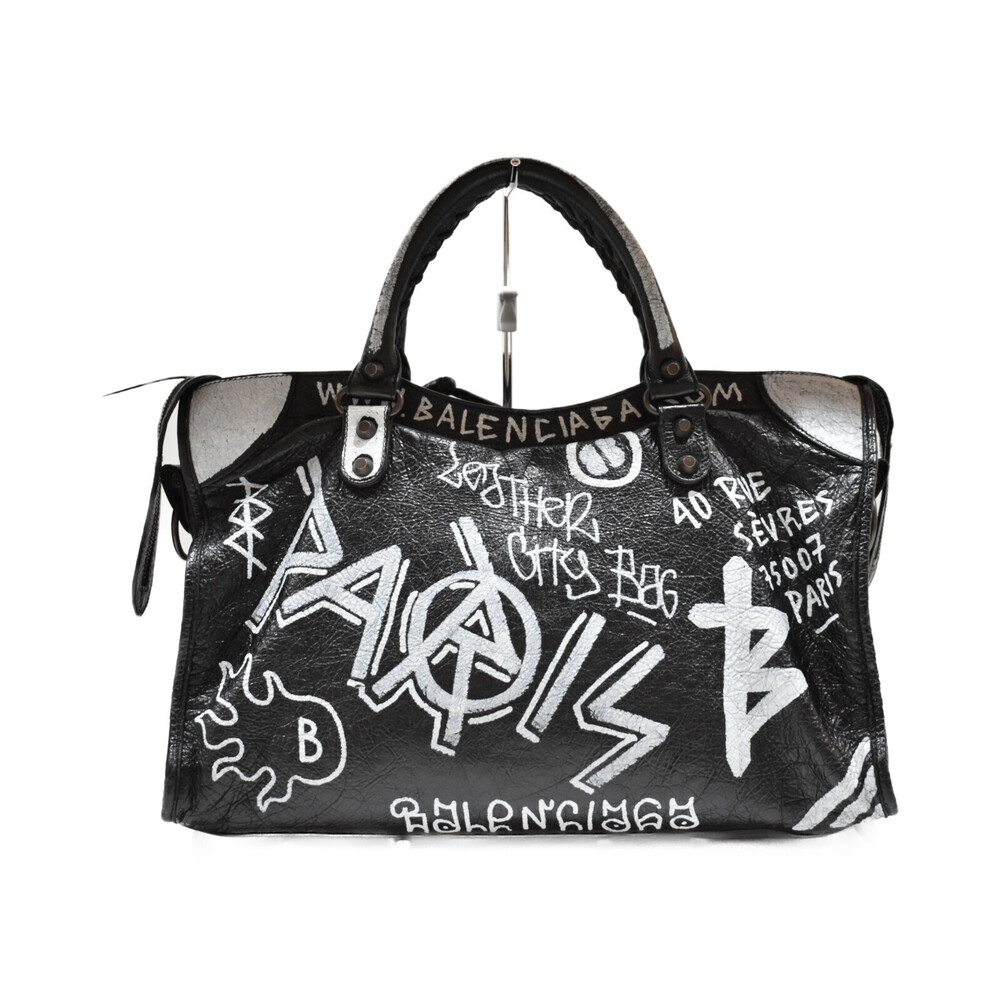BALENCIAGA Graffiti Classic City Handbag Black Leather Rare No Shoulder Strap - Picture 4 of 7